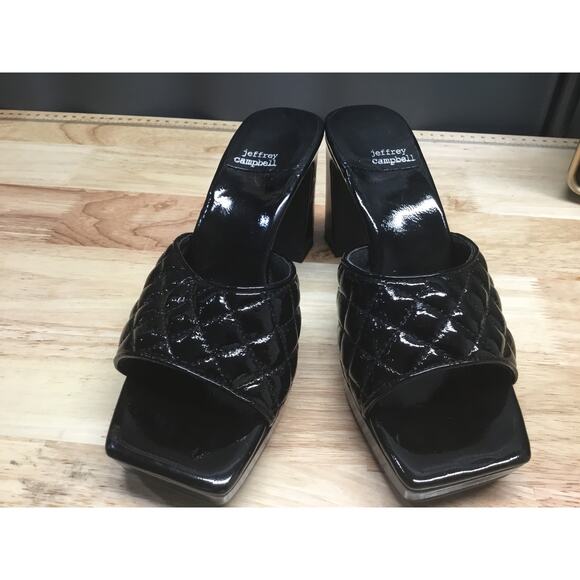 Jeffrey Campbell Platform Sandal Women 8 Black Patent Leather Slip On Square Toe - Picture 1 of 7